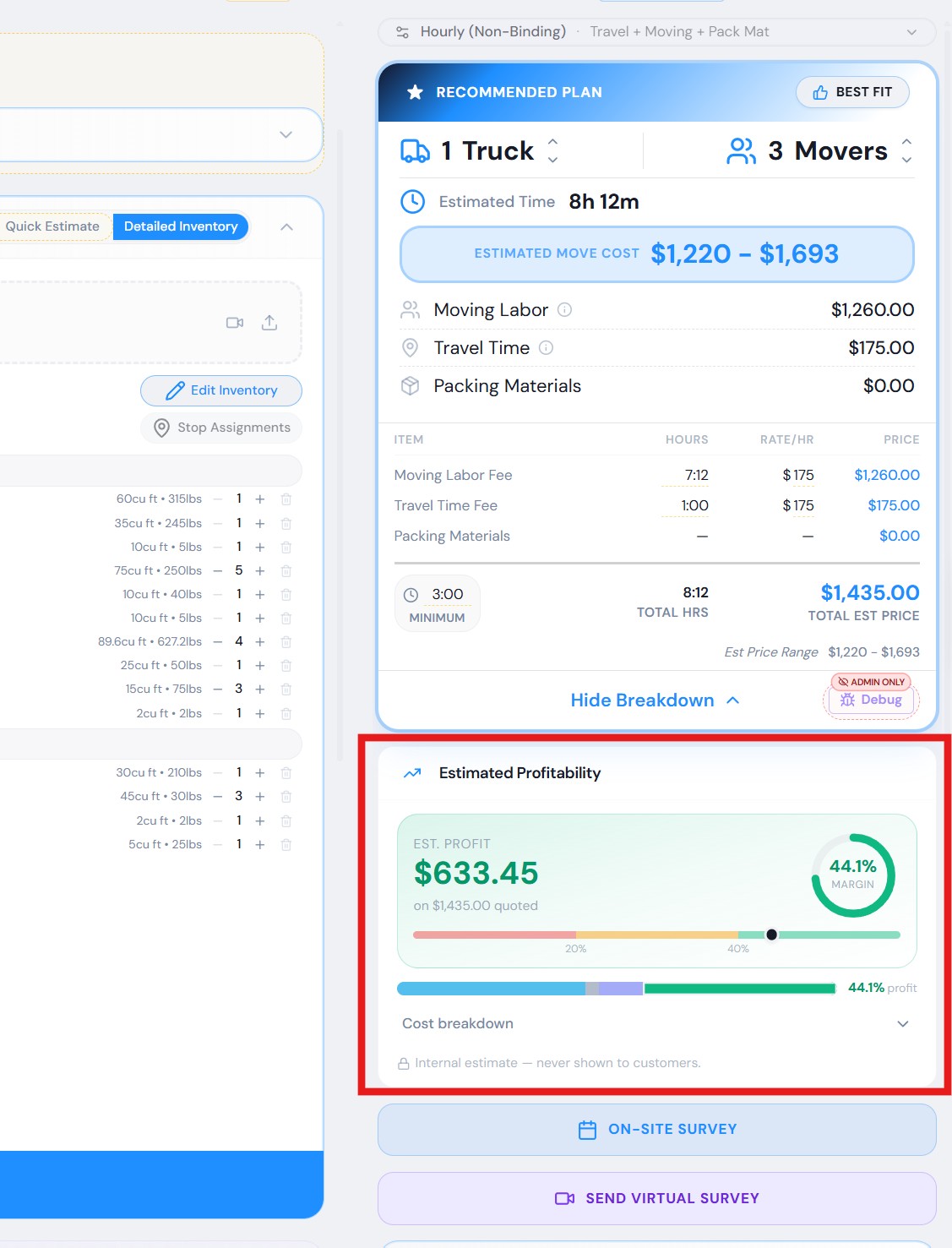 Estimated profitability panel inside MoveitPro+ quote builder showing $633.45 est. profit at 44.1% margin