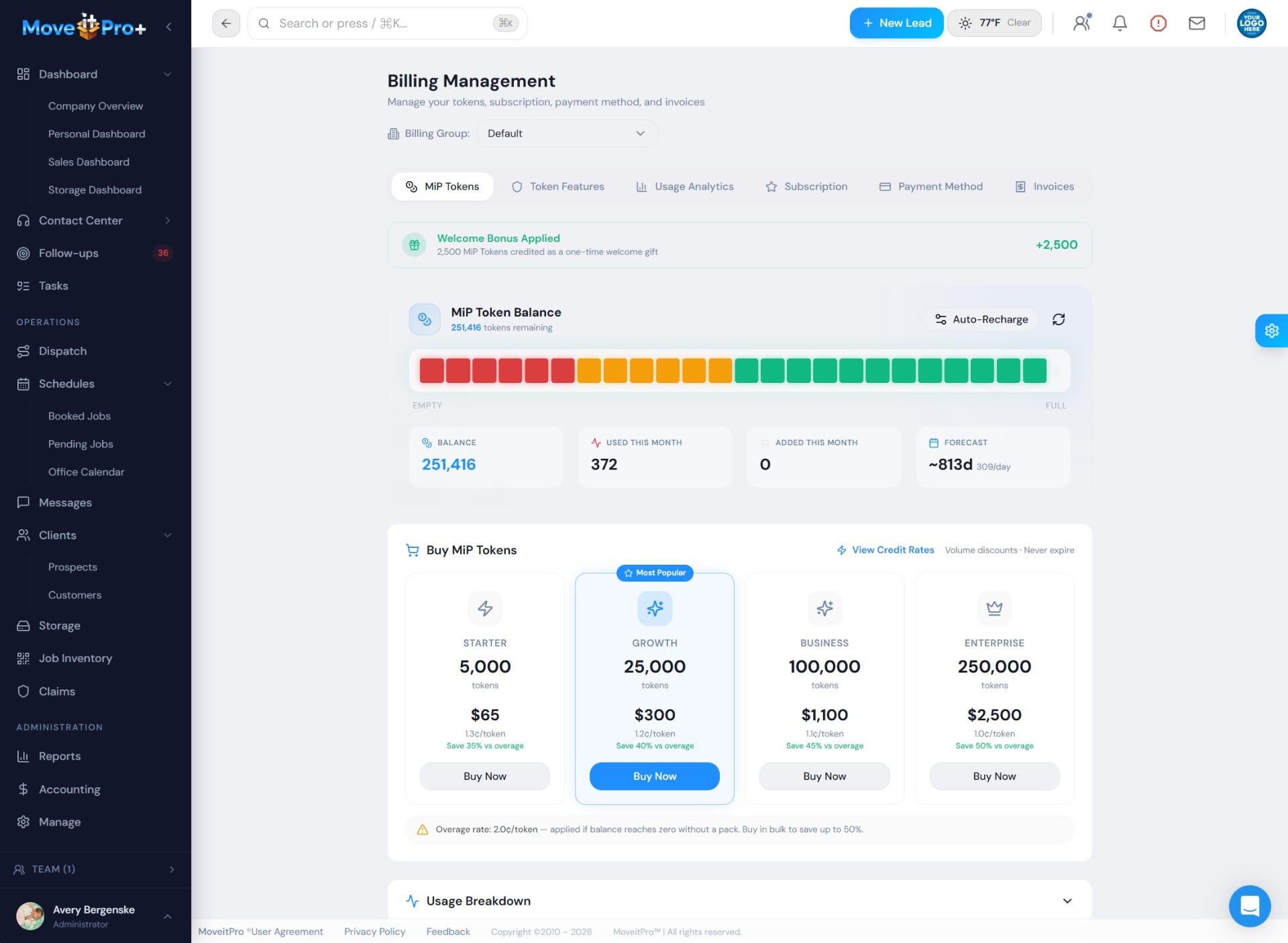 MoveitPro+ billing and token usage screen for moving company software pricing