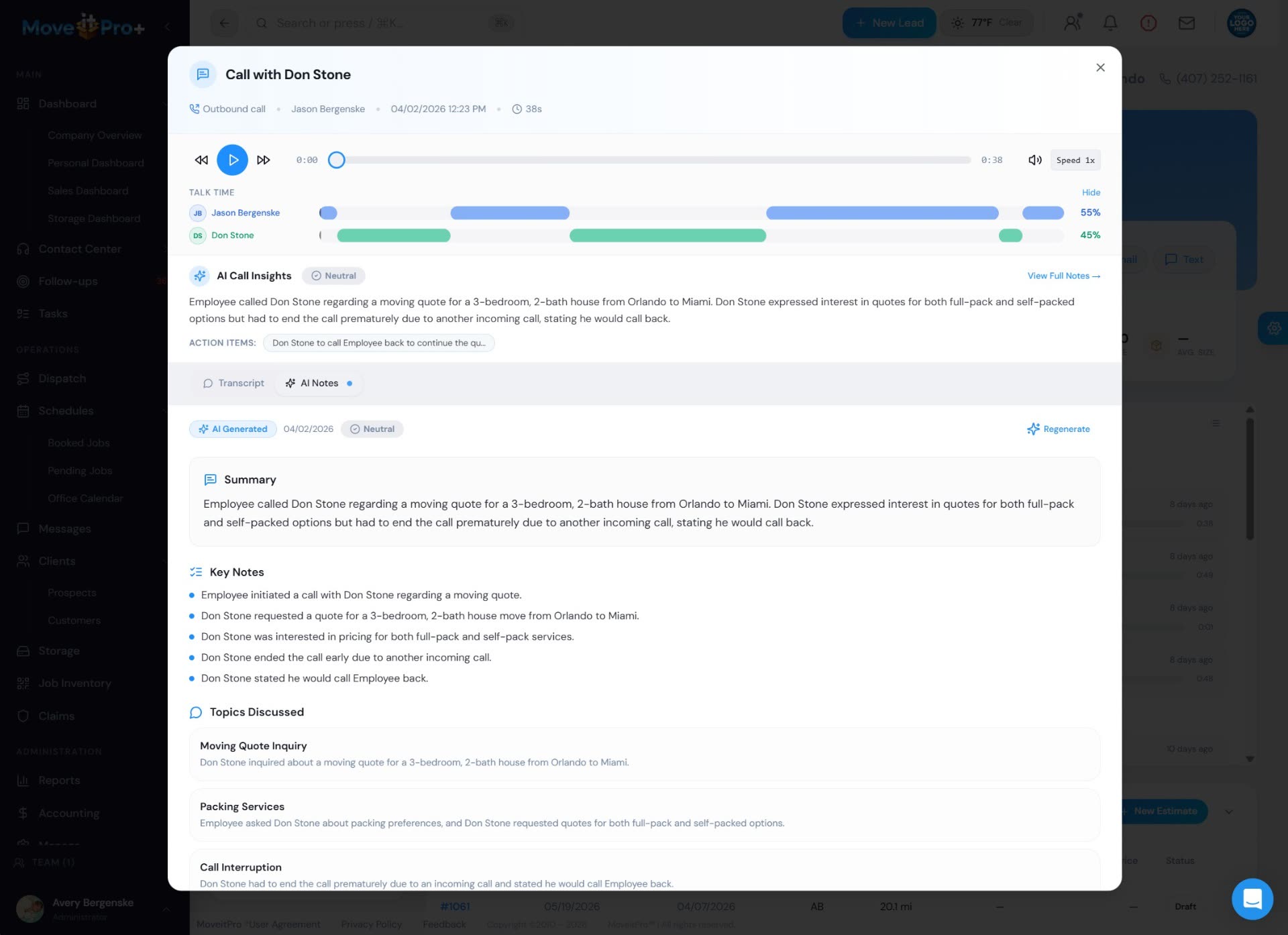 MoveitPro+ AI Call Intelligence screen