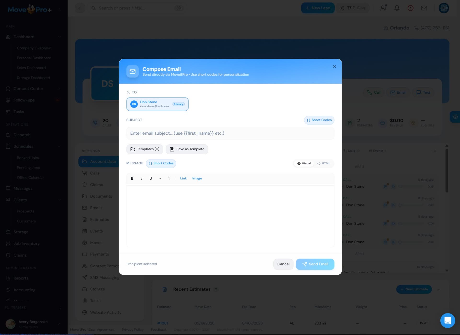MoveitPro+ customer record showing connected lead history, estimates, and job details