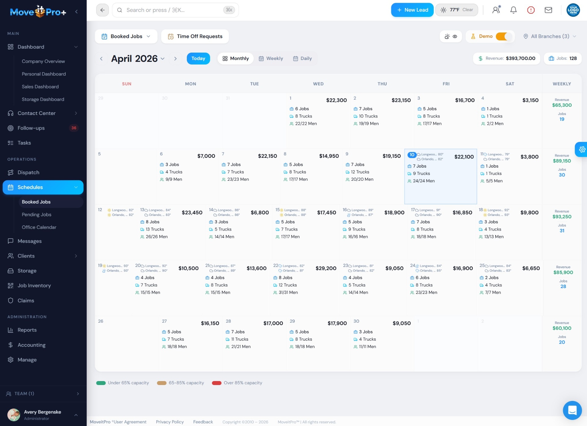 MoveitPro+ dispatch and scheduling board with booked moves synced to crews